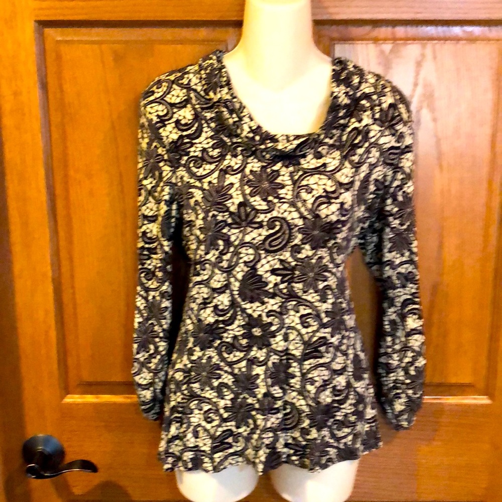 Cable & Gauge Black/Beige Cowl Neck Knit Top, Sz L